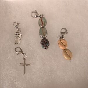 Silver Cross & Coffee Charm Set with Green and Tan Beads